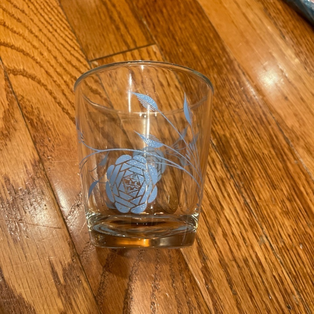 Vintage Hazel Atlas Pint Sour Cream Glass Stylized Rose Blue 3.5"